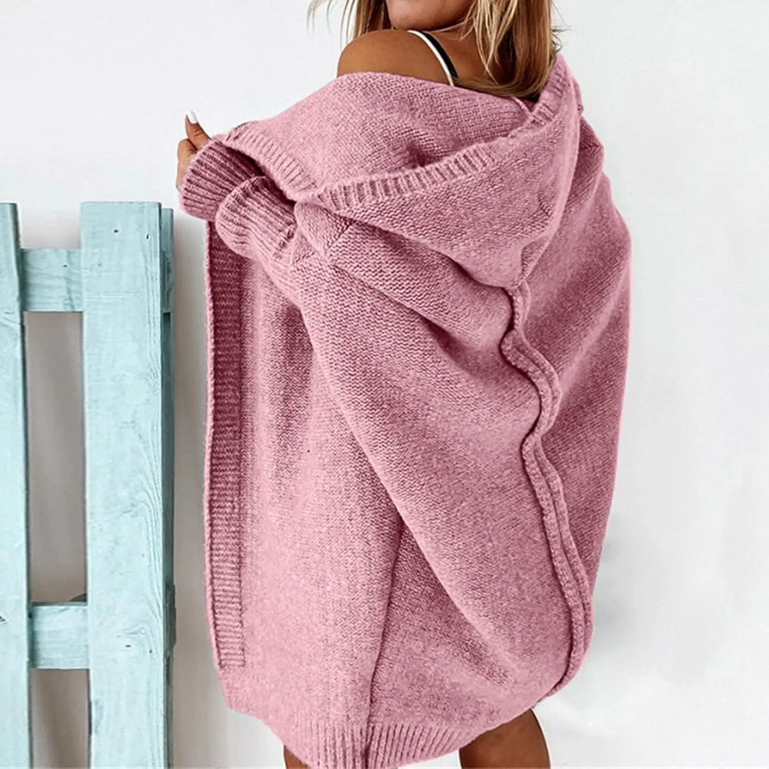 Light Weight Cardigan Women Open Front Knit Long Batwing Sleeve Sweater Chunky Cable Boho Pockets Coat