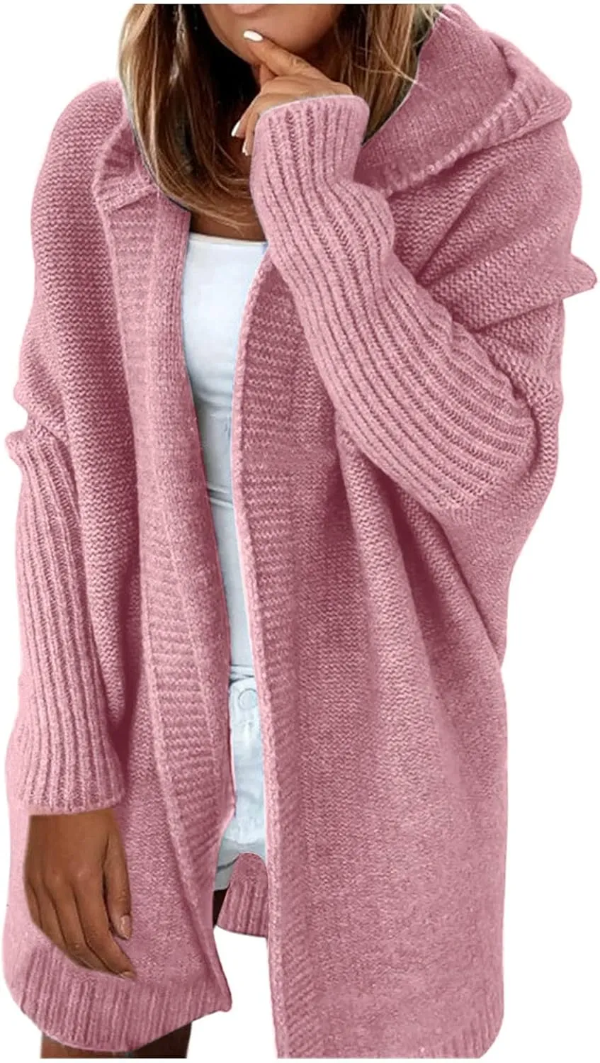 Light Weight Cardigan Women Open Front Knit Long Batwing Sleeve Sweater Chunky Cable Boho Pockets Coat