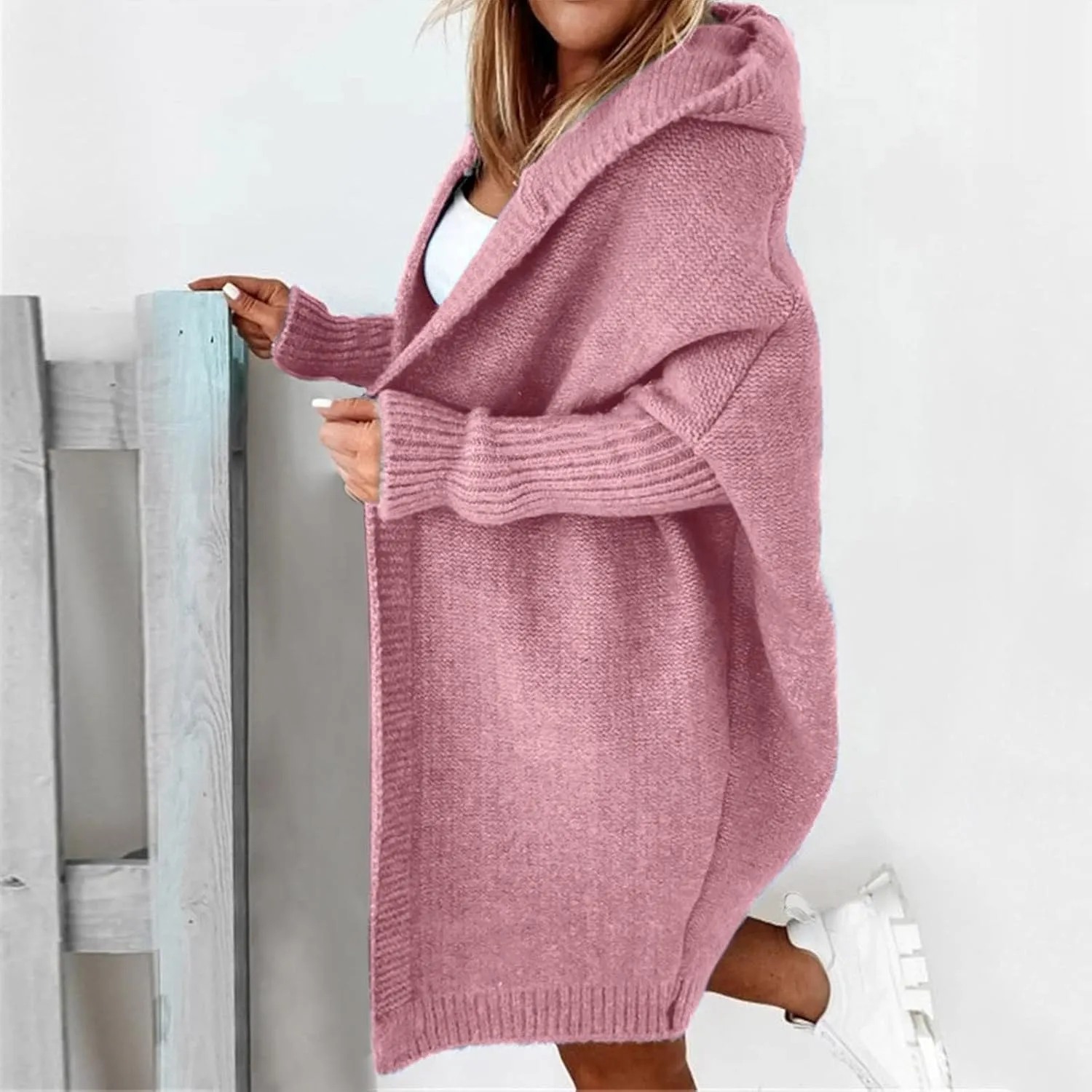 Light Weight Cardigan Women Open Front Knit Long Batwing Sleeve Sweater Chunky Cable Boho Pockets Coat