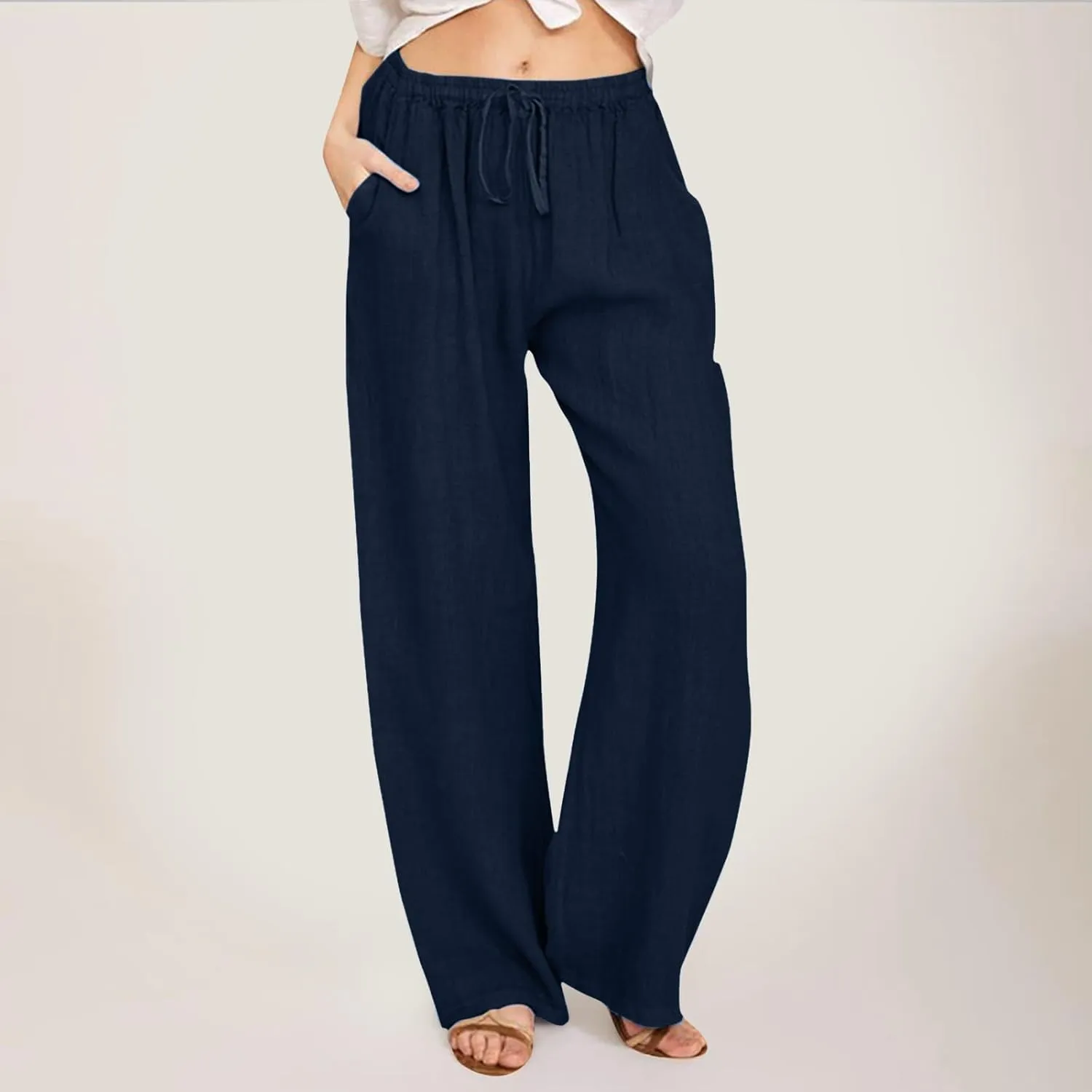 Linen Pants Women Summer Drawstring Waist Wide Leg Loose Palazzo Pants Casual Comfy Beach Vacation Long Trousers