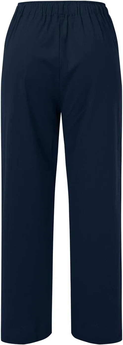 Linen Pants Women Summer Drawstring Waist Wide Leg Loose Palazzo Pants Casual Comfy Beach Vacation Long Trousers