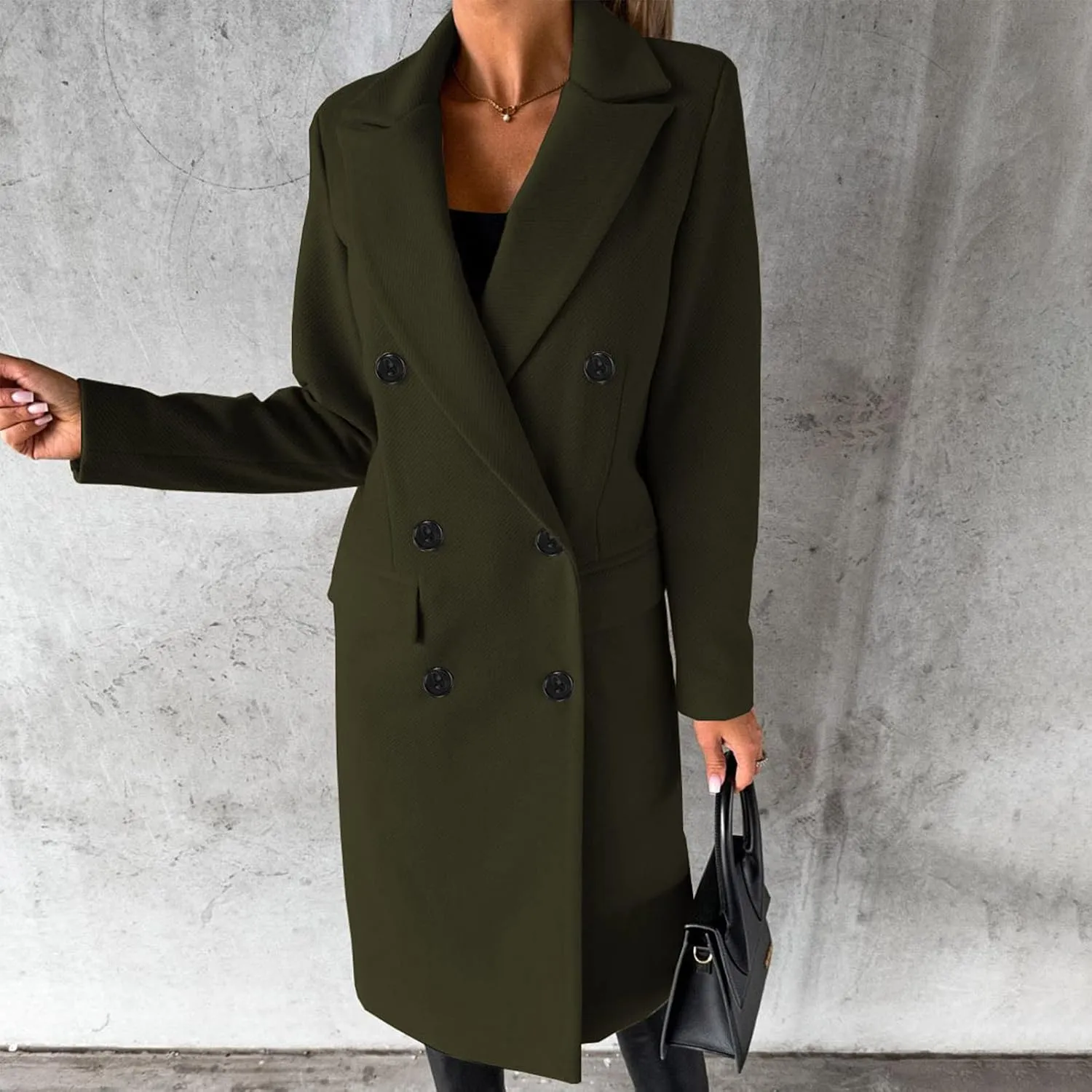Long Trench Coat for Women Casual Double Breasted Pea Coat Winter Notched Lapel Midi Wool Coat Jacket Overcoat