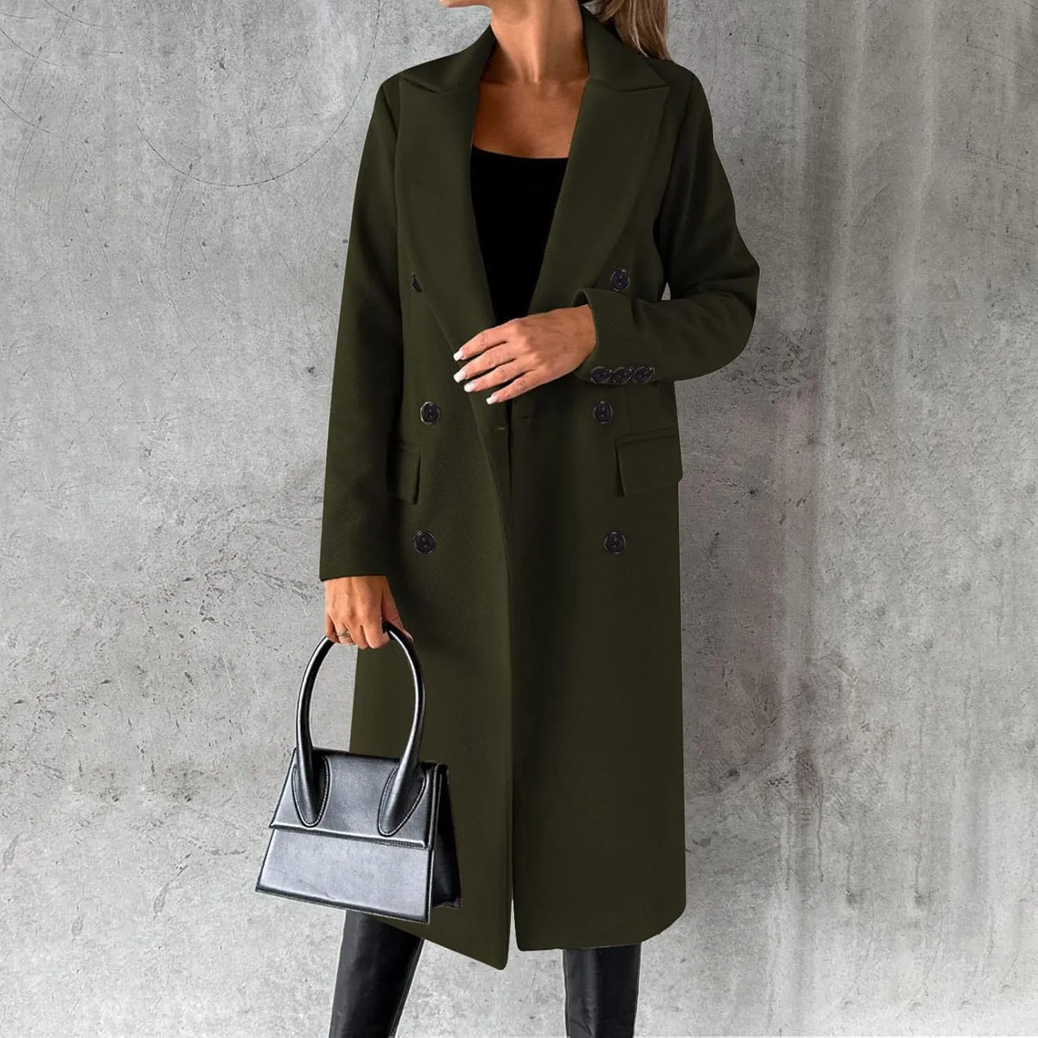 Long Trench Coat for Women Casual Double Breasted Pea Coat Winter Notched Lapel Midi Wool Coat Jacket Overcoat