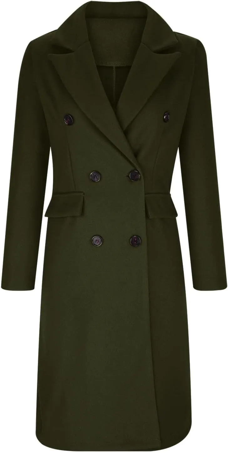 Long Trench Coat for Women Casual Double Breasted Pea Coat Winter Notched Lapel Midi Wool Coat Jacket Overcoat