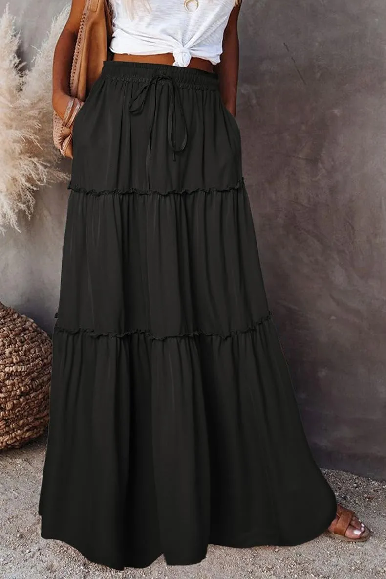 LOUSEA Women's Long Maxi Skirt high Waist Ruffle Tiered Cocktail Dress a-line midi Skirts with Pocket Wedding Guest Dress