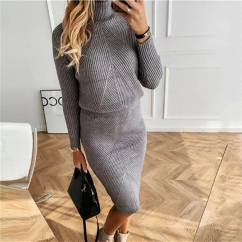 Luexco Pullover Turtleneck Sweater   Slim Skirt Two-Piece Set