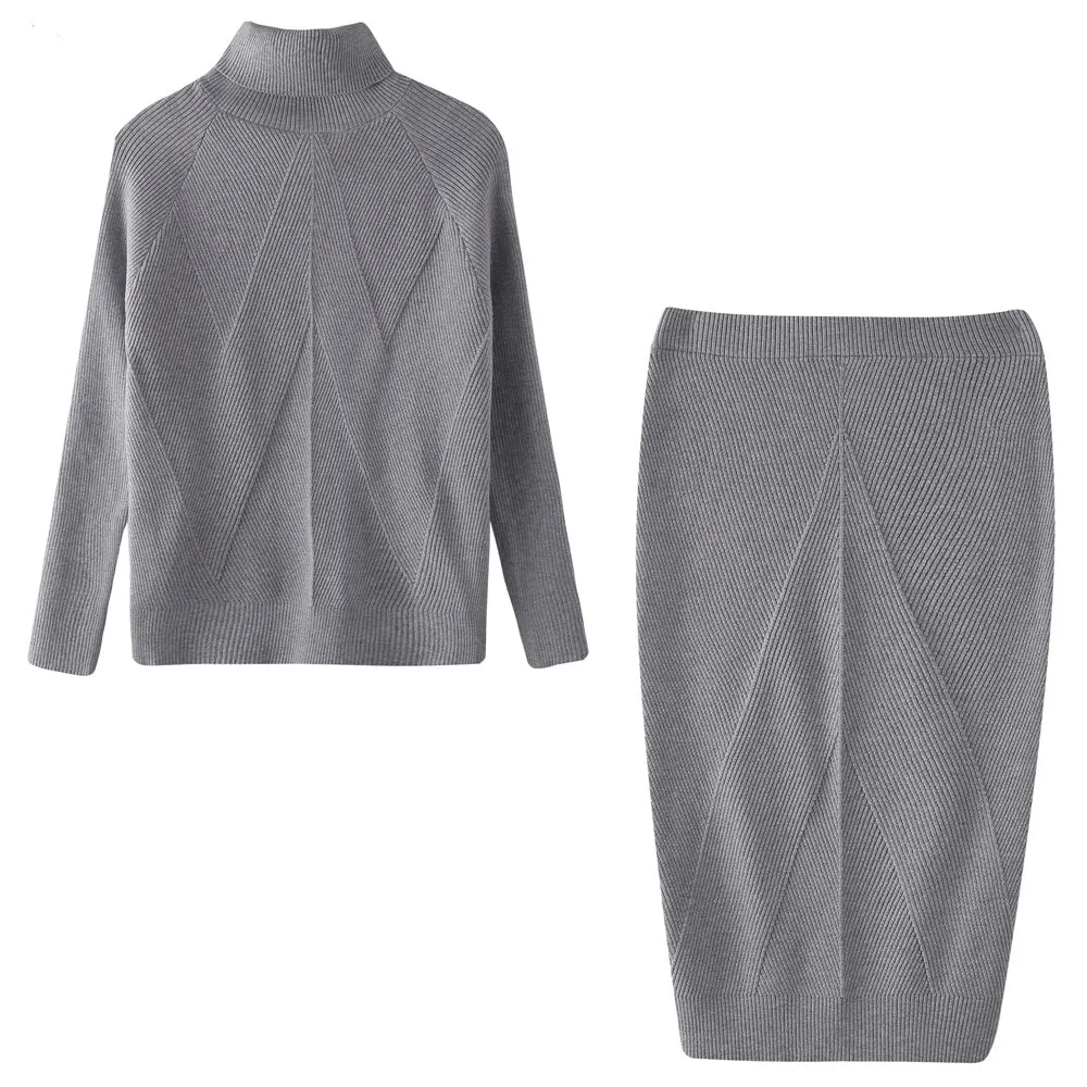 Luexco Pullover Turtleneck Sweater   Slim Skirt Two-Piece Set