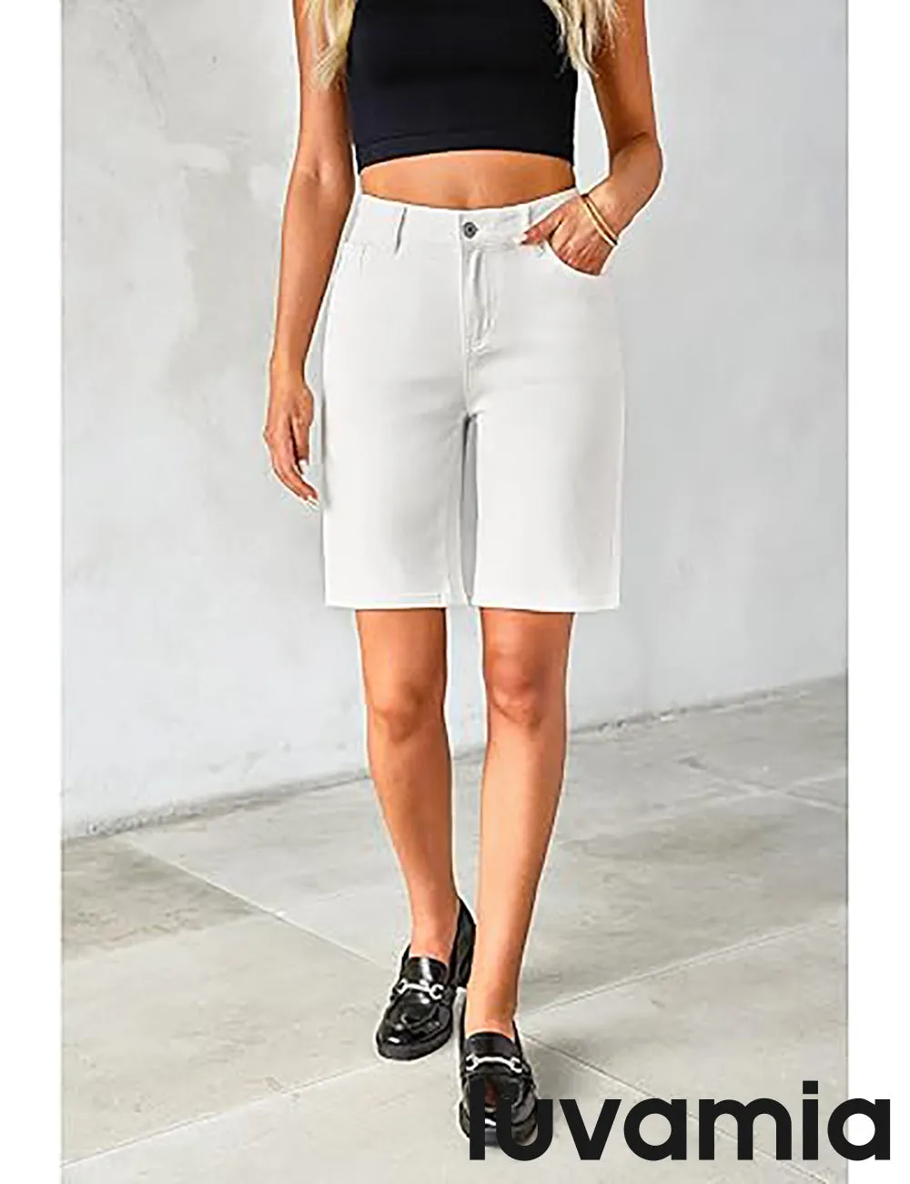 LUVAMIA Denim Bermuda Shorts for Women High Waisted  Stretchy  Straight Leg Jeans