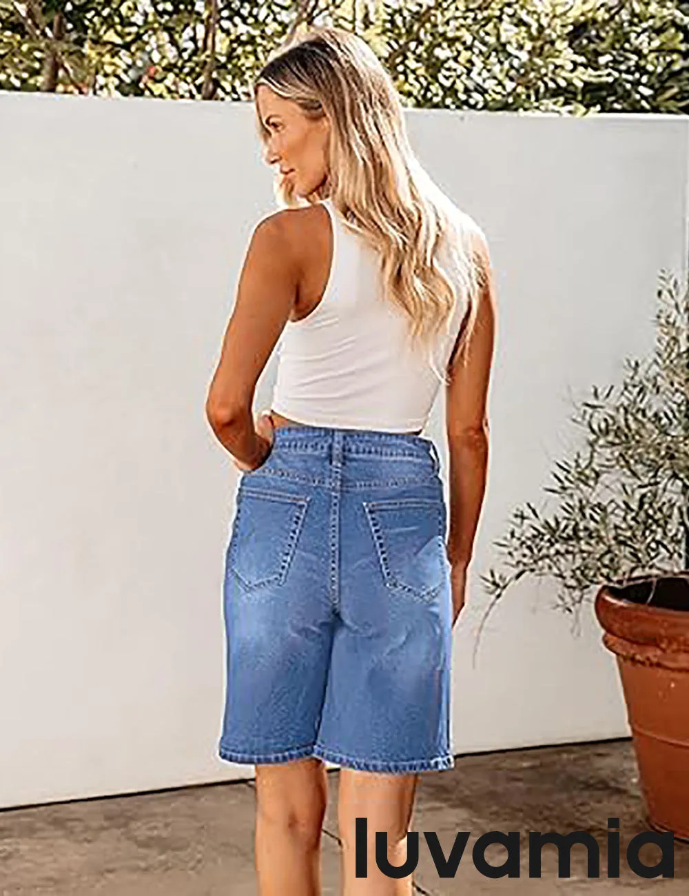 LUVAMIA Denim Bermuda Shorts for Women High Waisted  Stretchy  Straight Leg Jeans