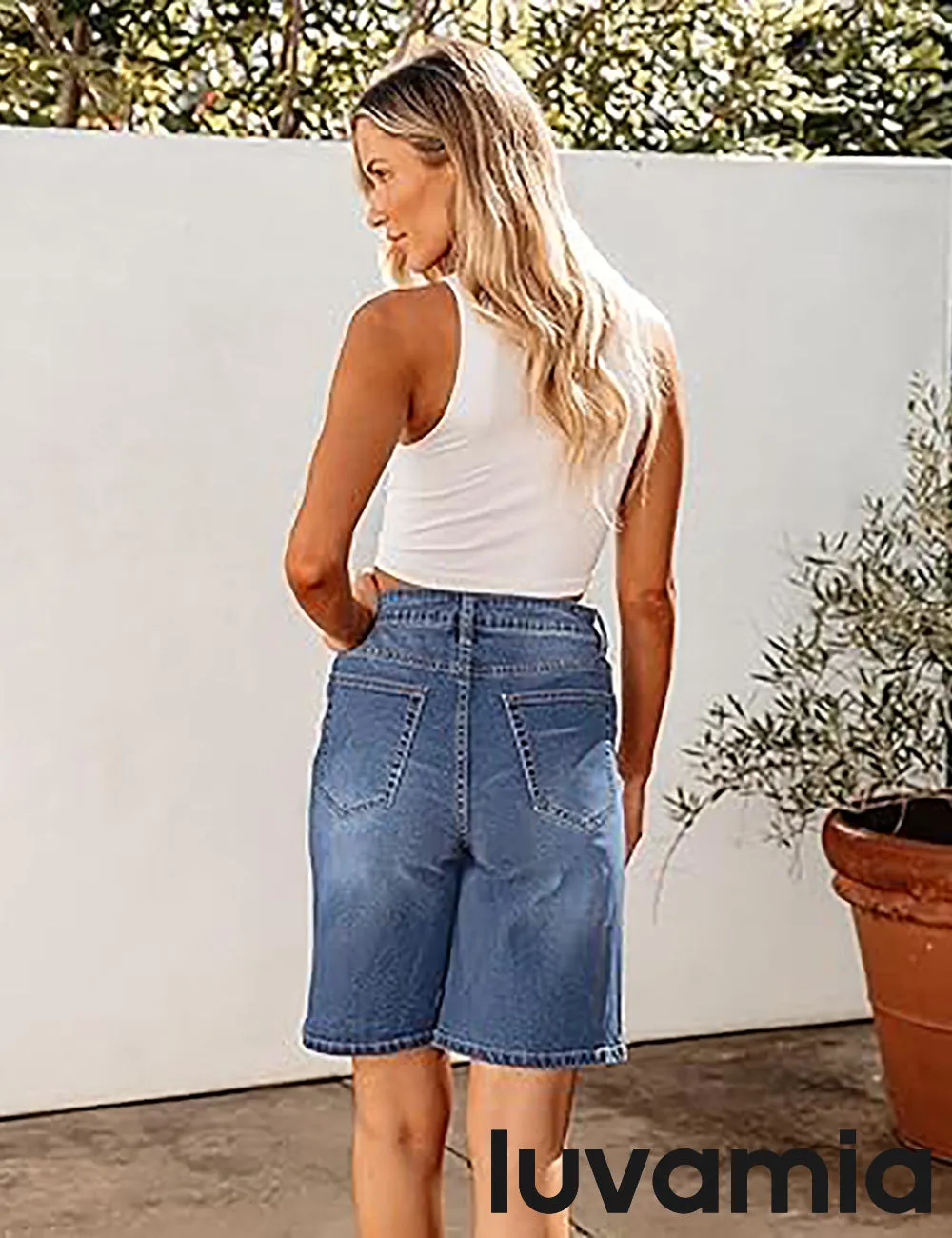 LUVAMIA Denim Bermuda Shorts for Women High Waisted  Stretchy  Straight Leg Jeans