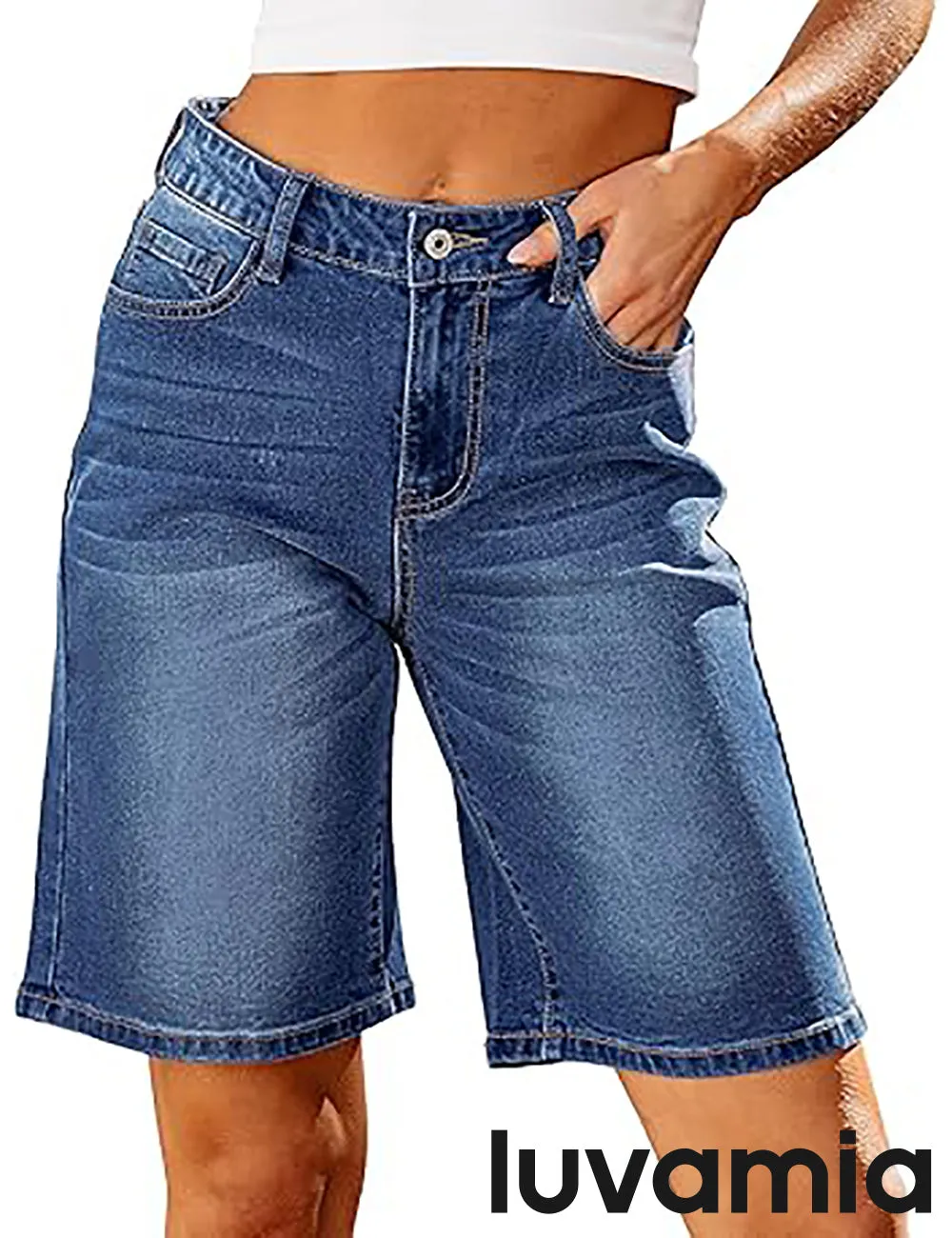 LUVAMIA Denim Bermuda Shorts for Women High Waisted  Stretchy  Straight Leg Jeans
