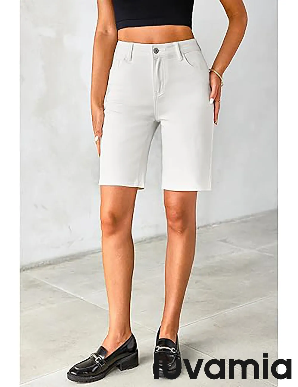 LUVAMIA Denim Bermuda Shorts for Women High Waisted  Stretchy  Straight Leg Jeans