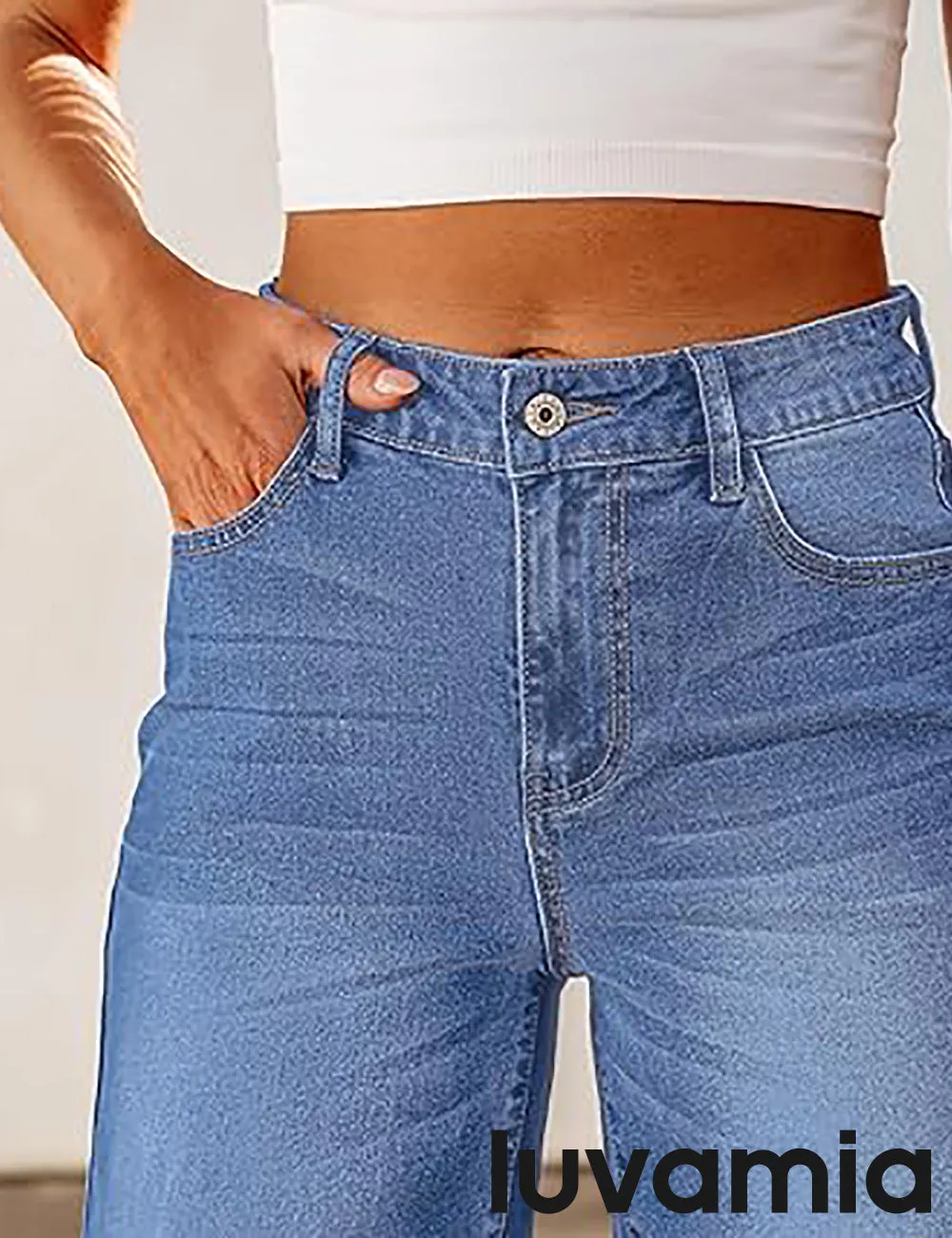 LUVAMIA Denim Bermuda Shorts for Women High Waisted  Stretchy  Straight Leg Jeans