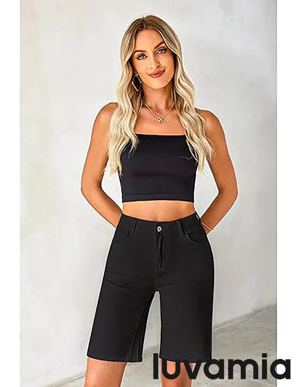 LUVAMIA Denim Bermuda Shorts for Women High Waisted  Stretchy  Straight Leg Jeans