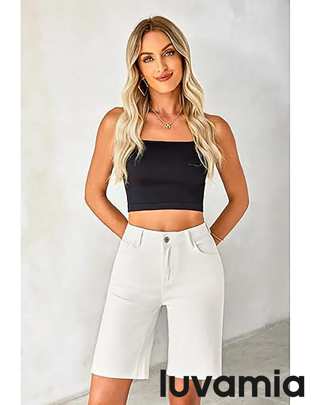 LUVAMIA Denim Bermuda Shorts for Women High Waisted  Stretchy  Straight Leg Jeans