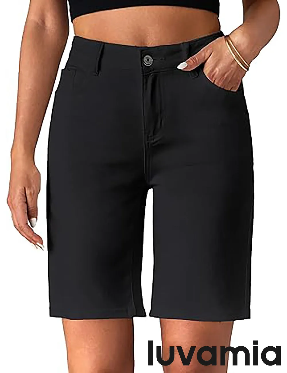 LUVAMIA Denim Bermuda Shorts for Women High Waisted  Stretchy  Straight Leg Jeans