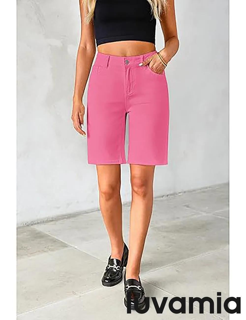 LUVAMIA Denim Bermuda Shorts for Women High Waisted  Stretchy  Straight Leg Jeans