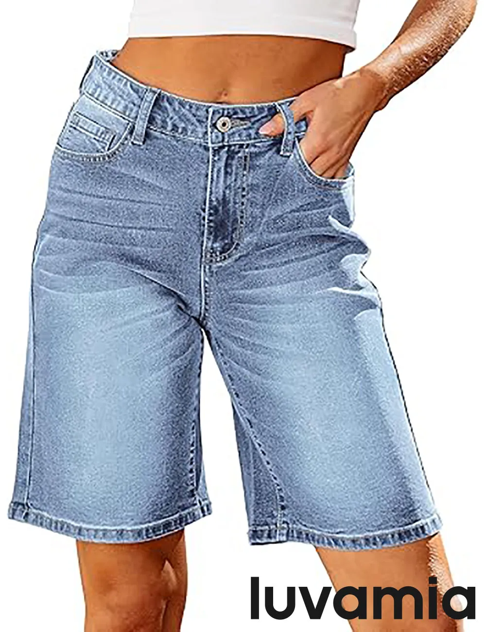 LUVAMIA Denim Bermuda Shorts for Women High Waisted  Stretchy  Straight Leg Jeans