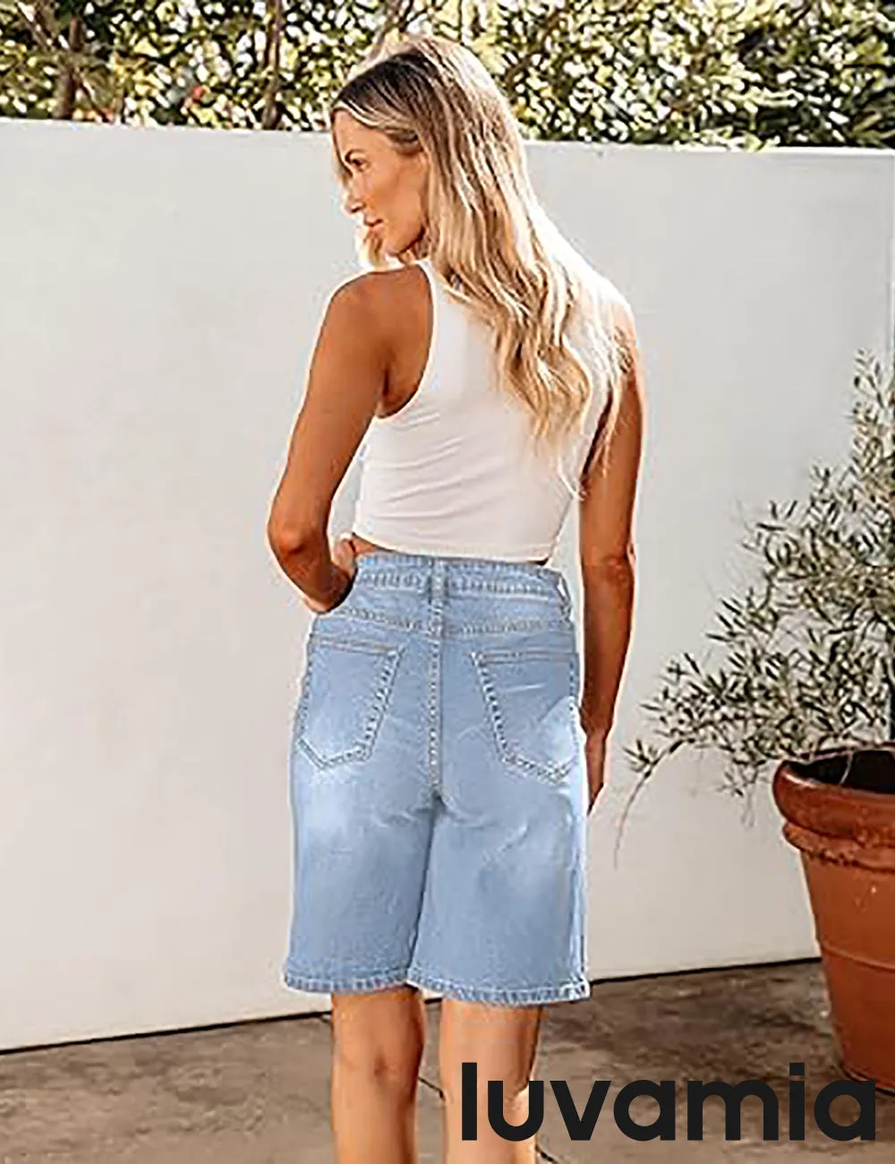 LUVAMIA Denim Bermuda Shorts for Women High Waisted  Stretchy  Straight Leg Jeans