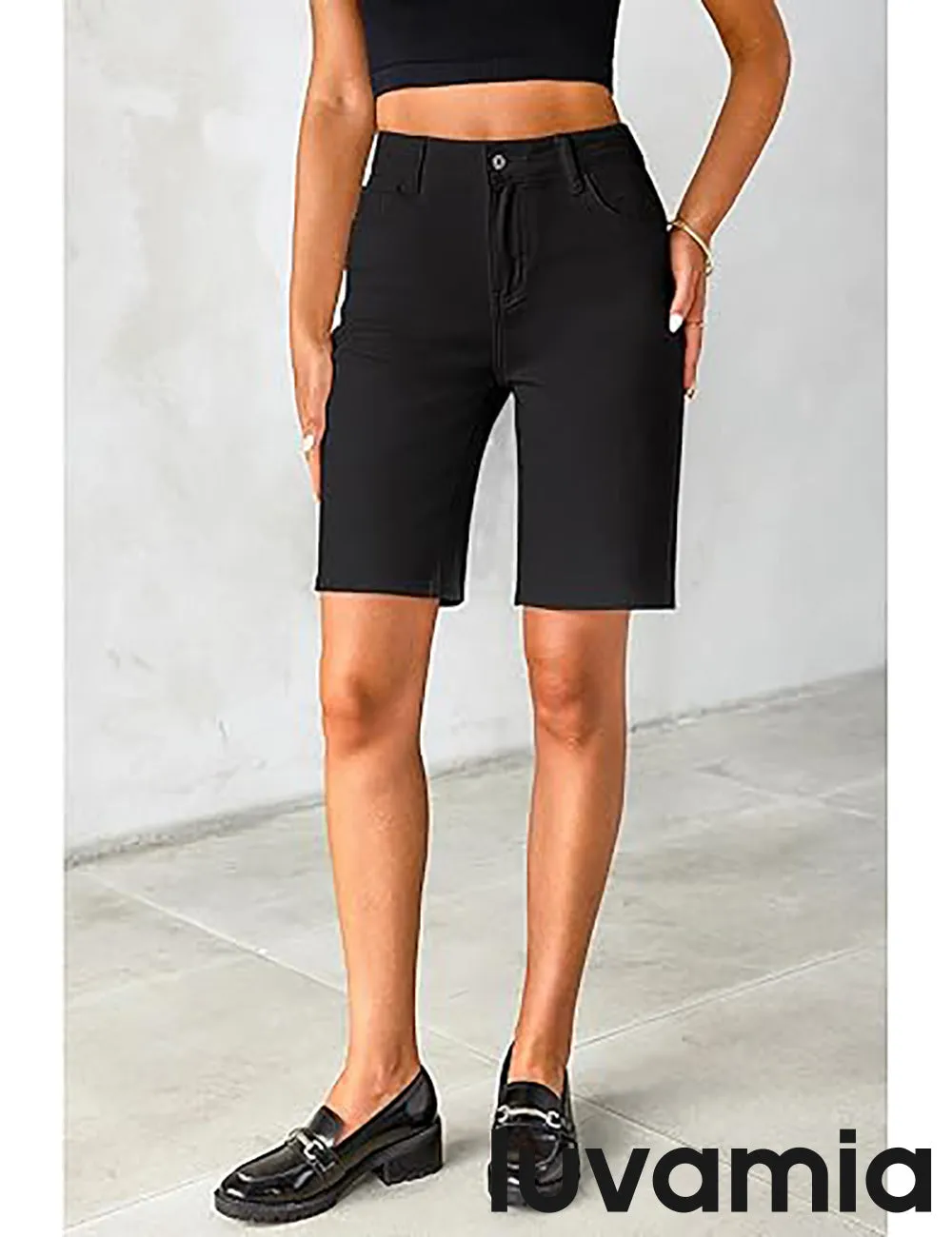 LUVAMIA Denim Bermuda Shorts for Women High Waisted  Stretchy  Straight Leg Jeans