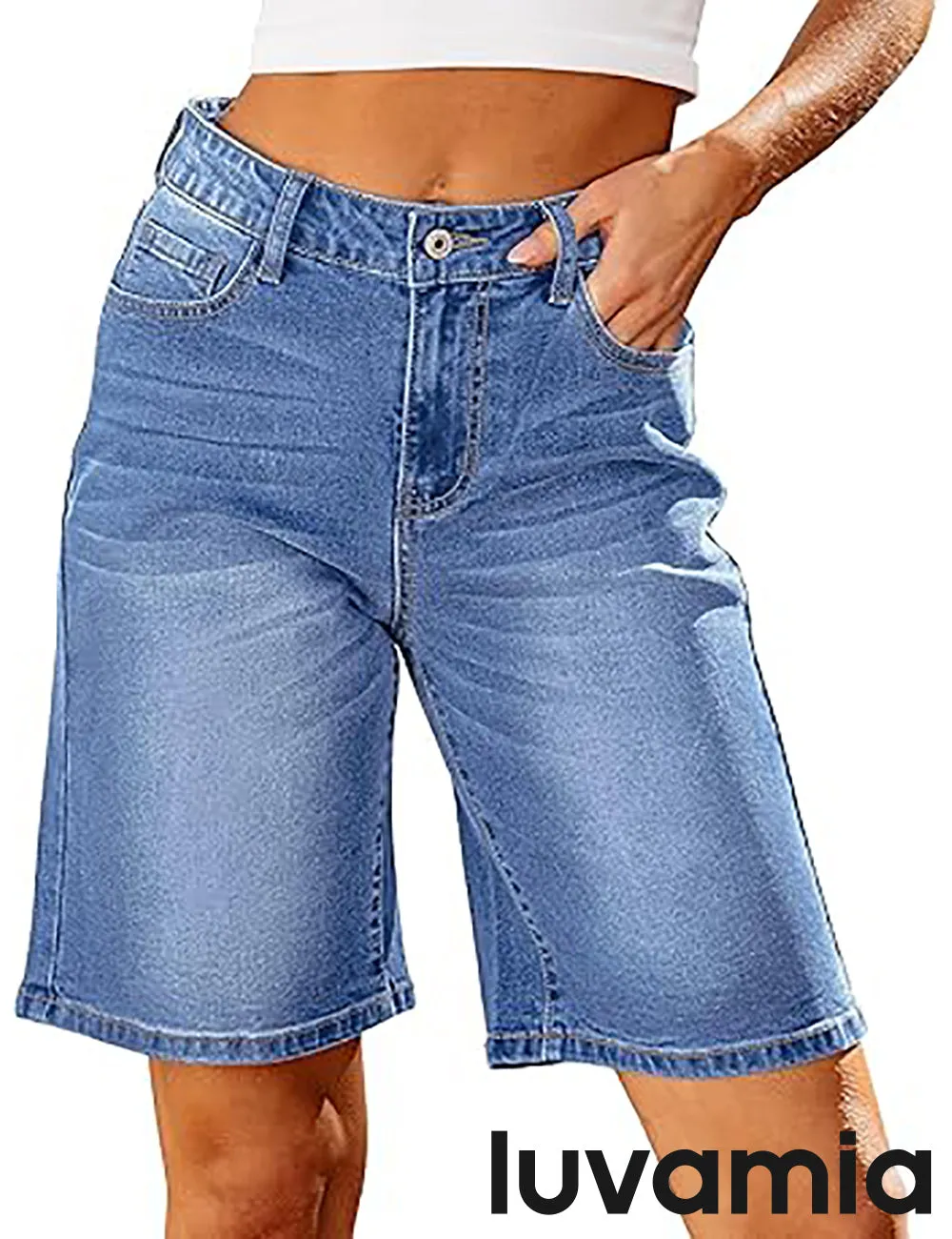 LUVAMIA Denim Bermuda Shorts for Women High Waisted  Stretchy  Straight Leg Jeans