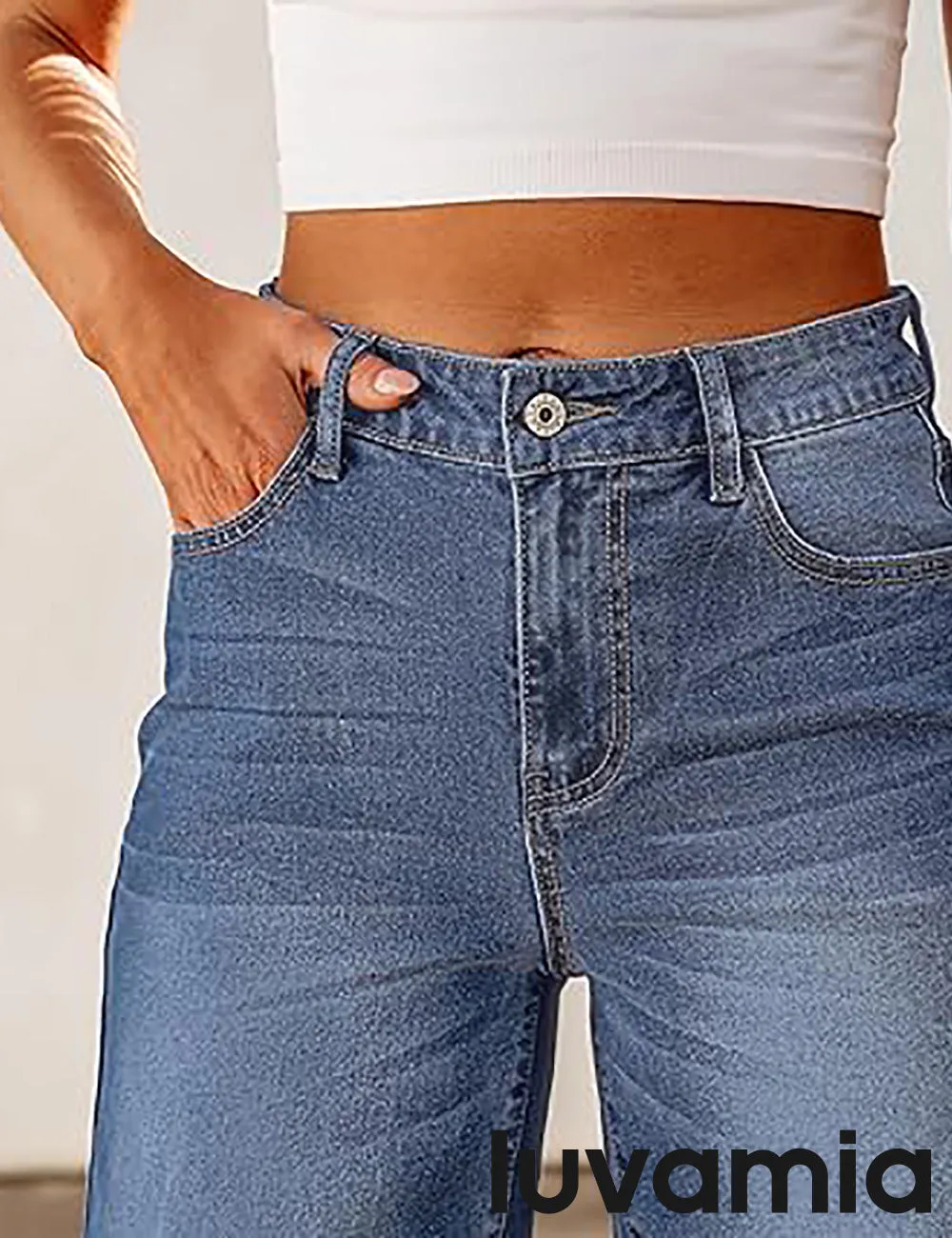 LUVAMIA Denim Bermuda Shorts for Women High Waisted  Stretchy  Straight Leg Jeans