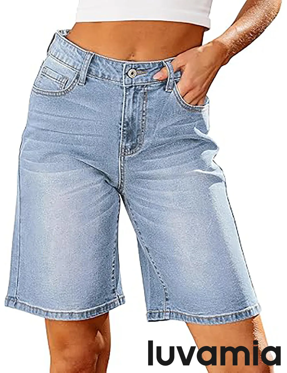 LUVAMIA Denim Bermuda Shorts for Women High Waisted  Stretchy  Straight Leg Jeans