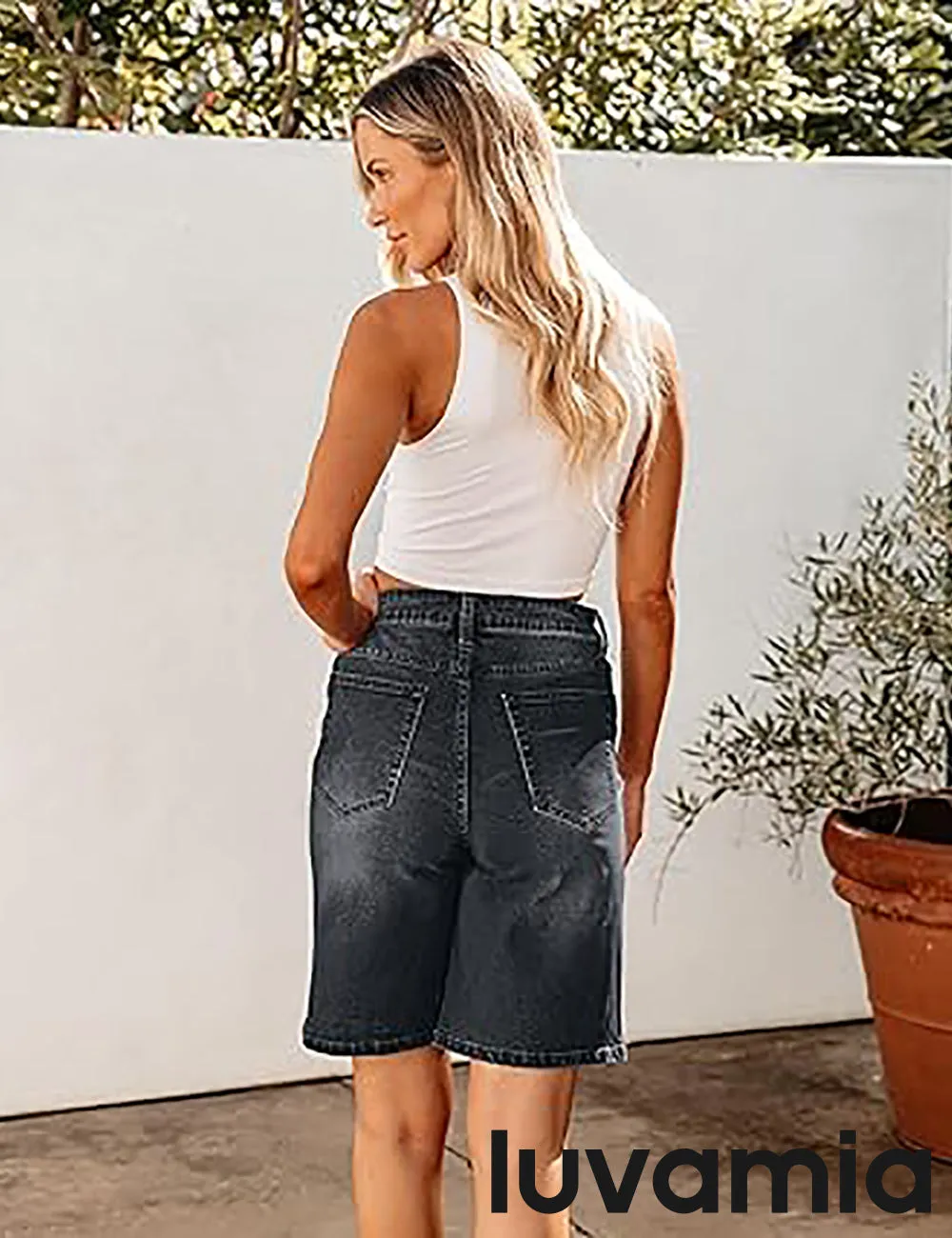 LUVAMIA Denim Bermuda Shorts for Women High Waisted  Stretchy  Straight Leg Jeans