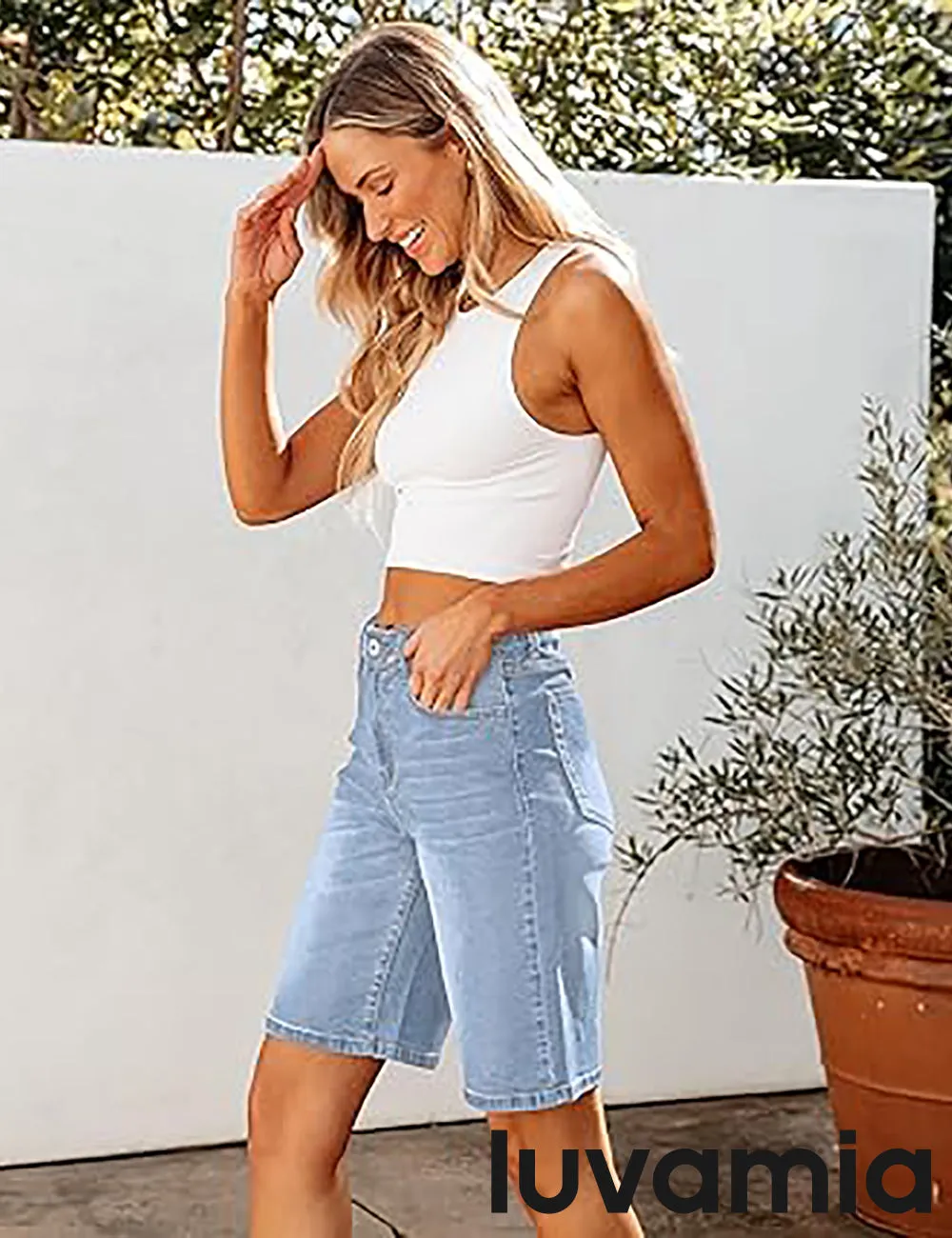 LUVAMIA Denim Bermuda Shorts for Women High Waisted  Stretchy  Straight Leg Jeans