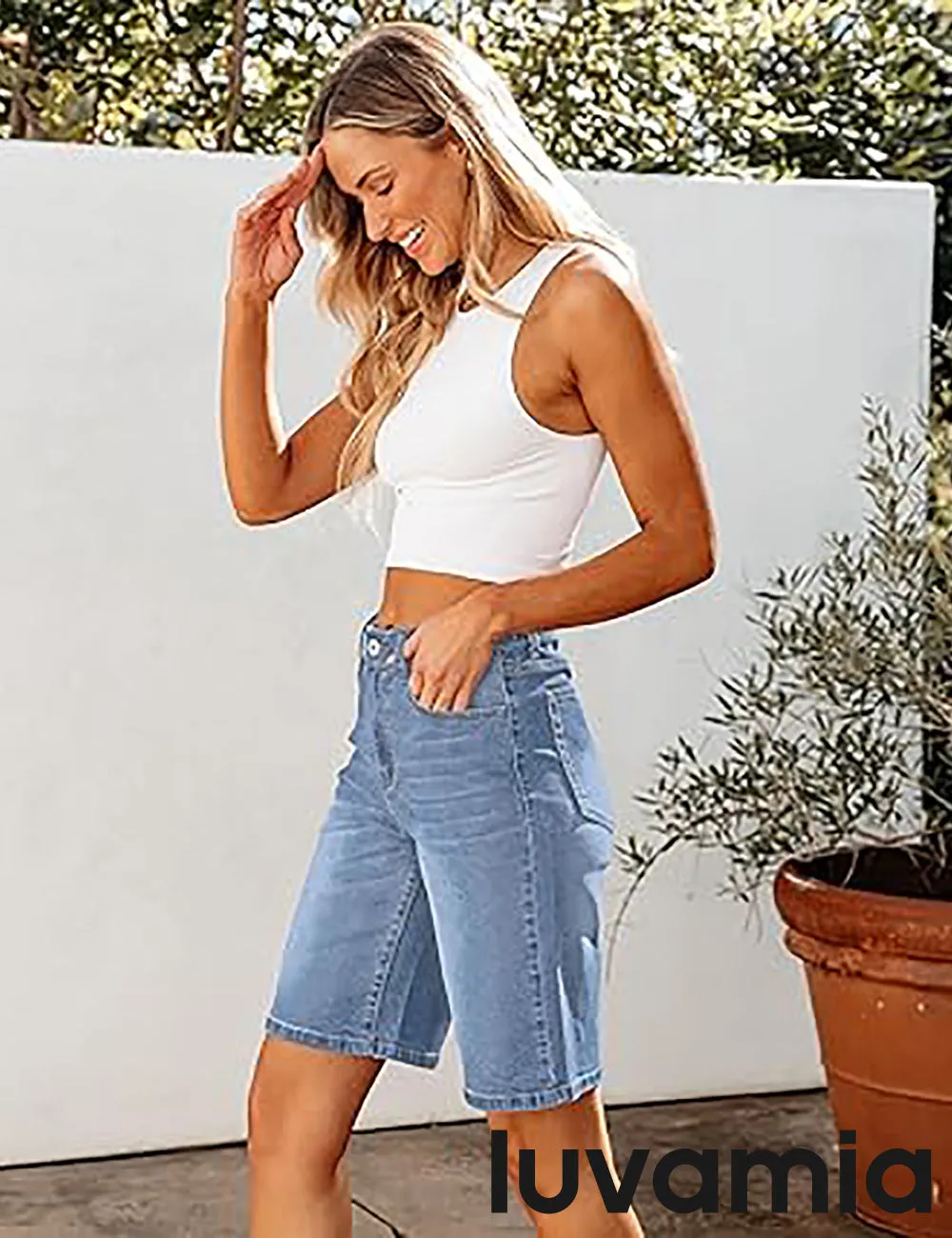 LUVAMIA Denim Bermuda Shorts for Women High Waisted  Stretchy  Straight Leg Jeans