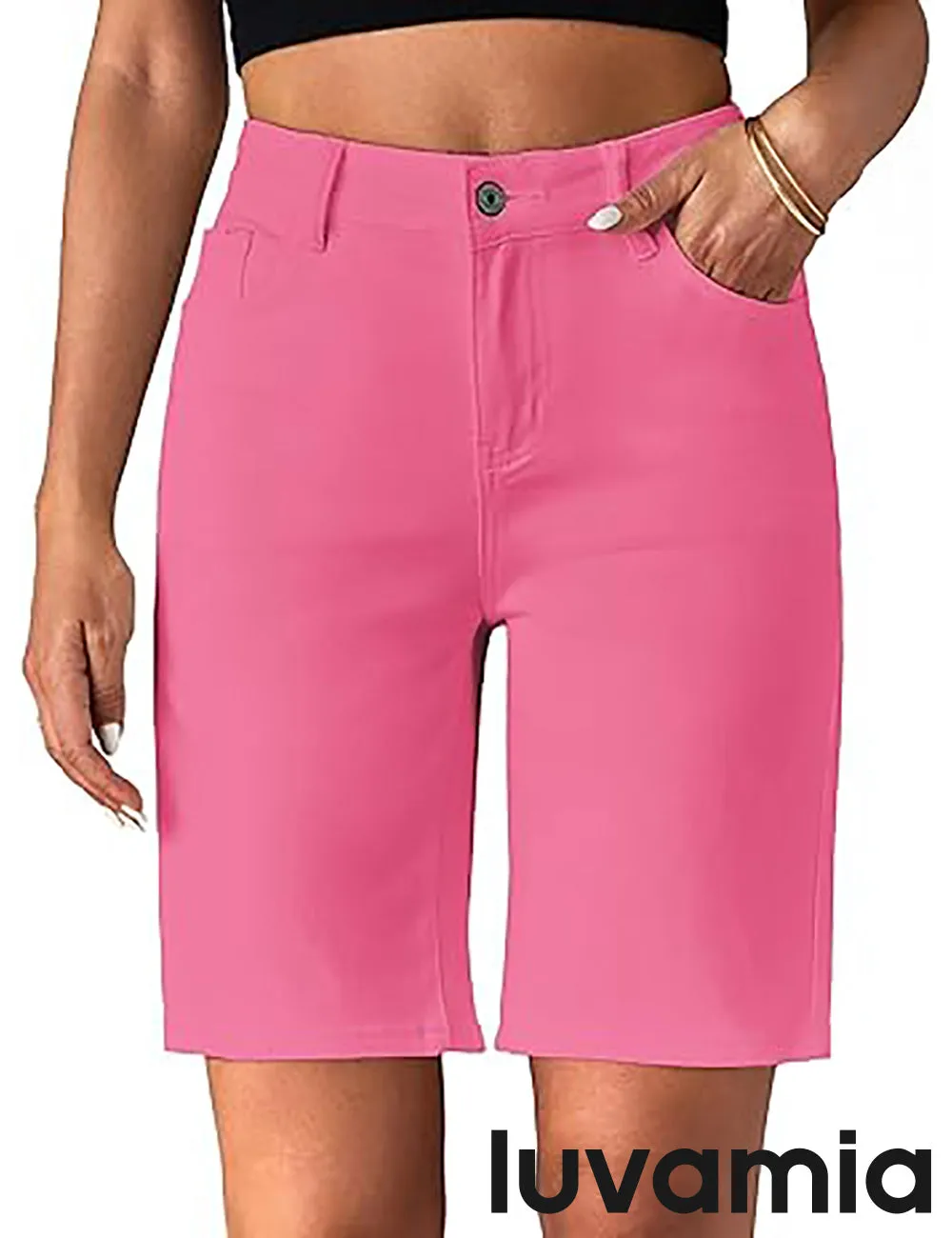 LUVAMIA Denim Bermuda Shorts for Women High Waisted  Stretchy  Straight Leg Jeans