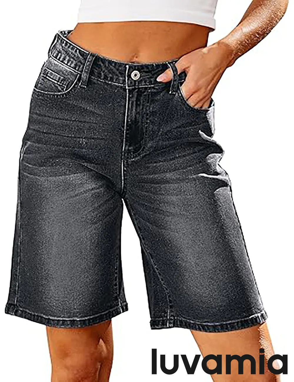 LUVAMIA Denim Bermuda Shorts for Women High Waisted  Stretchy  Straight Leg Jeans