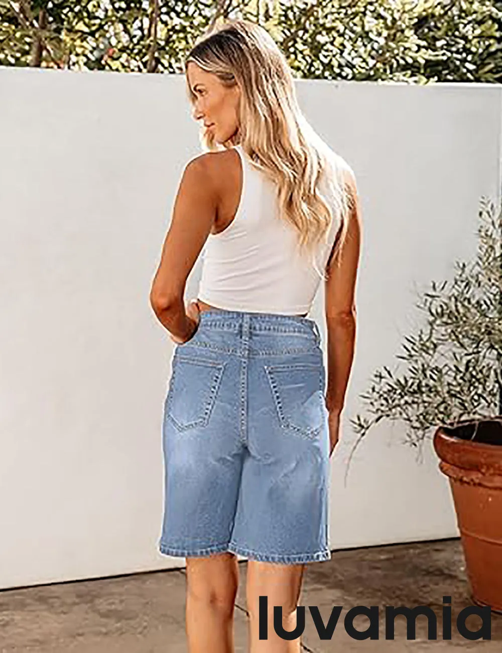 LUVAMIA Denim Bermuda Shorts for Women High Waisted  Stretchy  Straight Leg Jeans