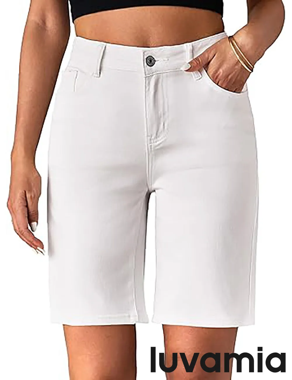 LUVAMIA Denim Bermuda Shorts for Women High Waisted  Stretchy  Straight Leg Jeans