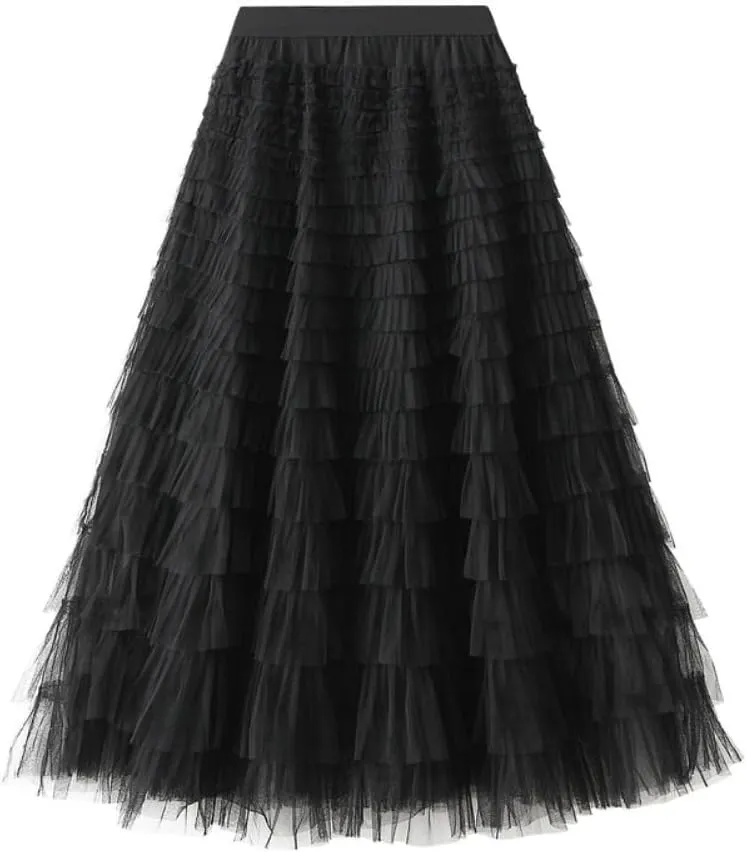 Mesh Flounce Temperament Skirt Womens 2024 New Ladies Cake Skirt Elegant Tulle Maxi Skirt for Women