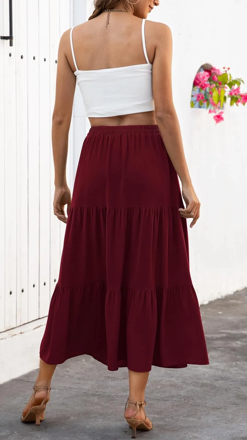 Naggoo Women's Summer Maxi Skirt Tiered A Line Ruffle Elastic High Waisted Flowy Beach Long Skirts with Pockets
