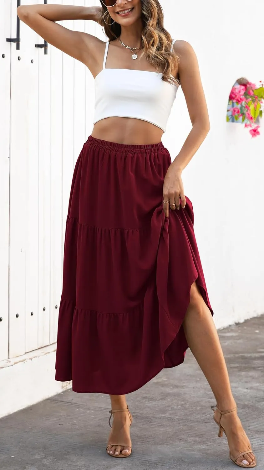 Naggoo Women's Summer Maxi Skirt Tiered A Line Ruffle Elastic High Waisted Flowy Beach Long Skirts with Pockets