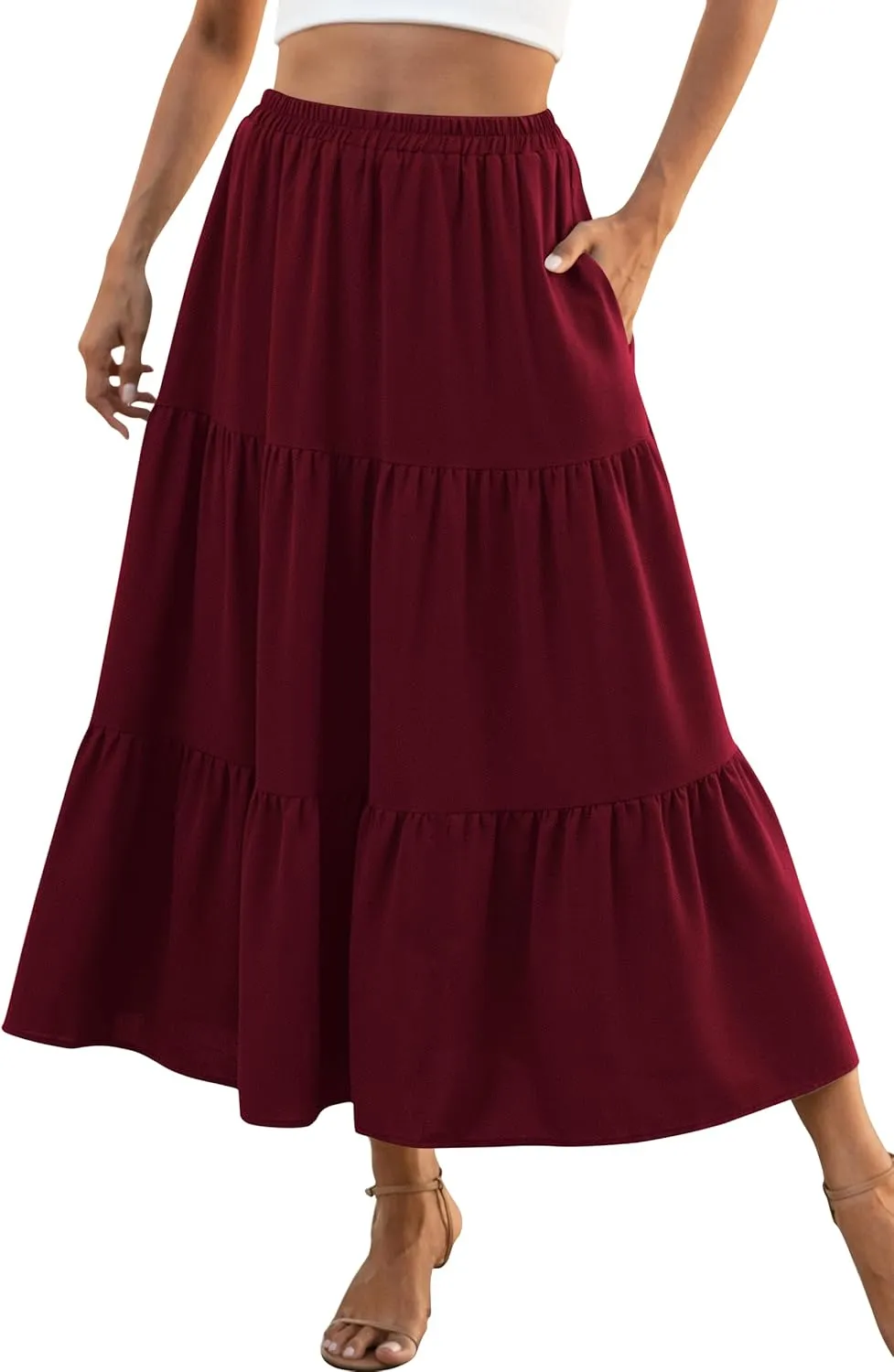 Naggoo Women's Summer Maxi Skirt Tiered A Line Ruffle Elastic High Waisted Flowy Beach Long Skirts with Pockets