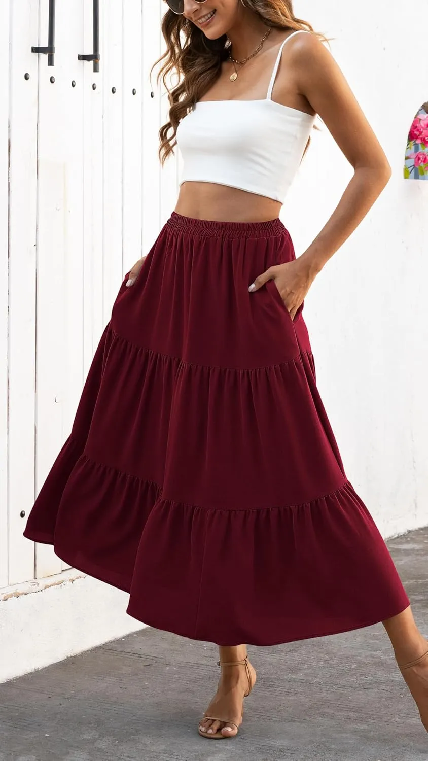 Naggoo Women's Summer Maxi Skirt Tiered A Line Ruffle Elastic High Waisted Flowy Beach Long Skirts with Pockets