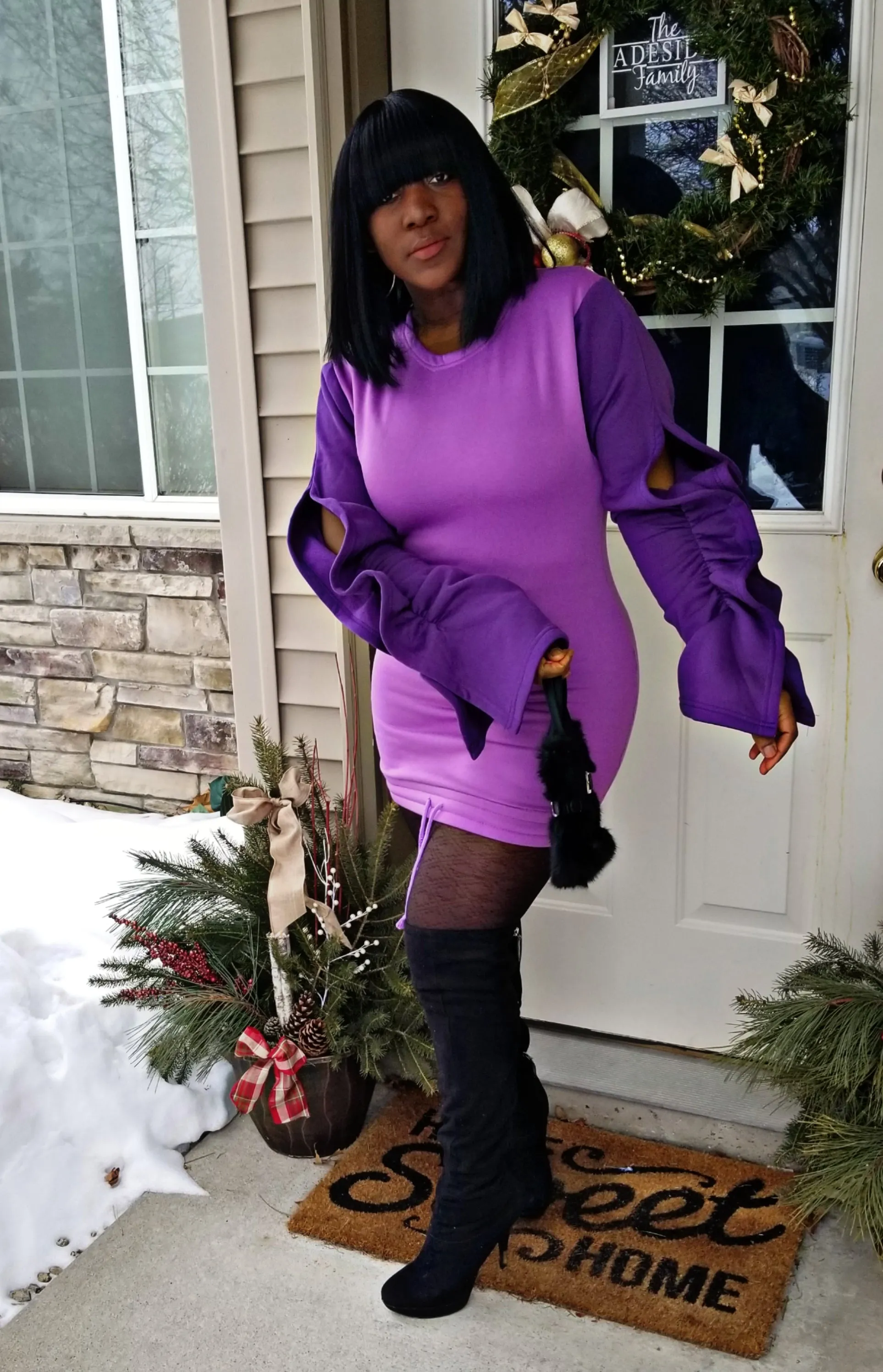 Naya Hallow Puff Sleeves Bodycon Dress| Purple
