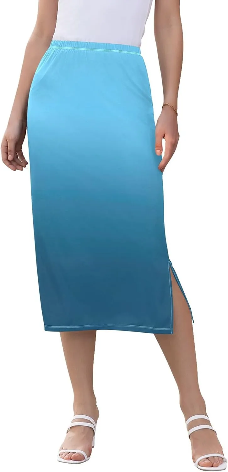 Ombre Blue Midi Skirt Slit Womens Floral Mid Calf Skirt High Waist Stretch Summer Skirt S