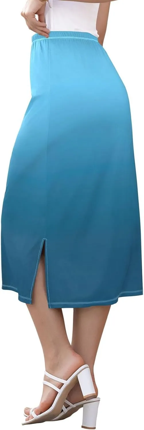 Ombre Blue Midi Skirt Slit Womens Floral Mid Calf Skirt High Waist Stretch Summer Skirt S