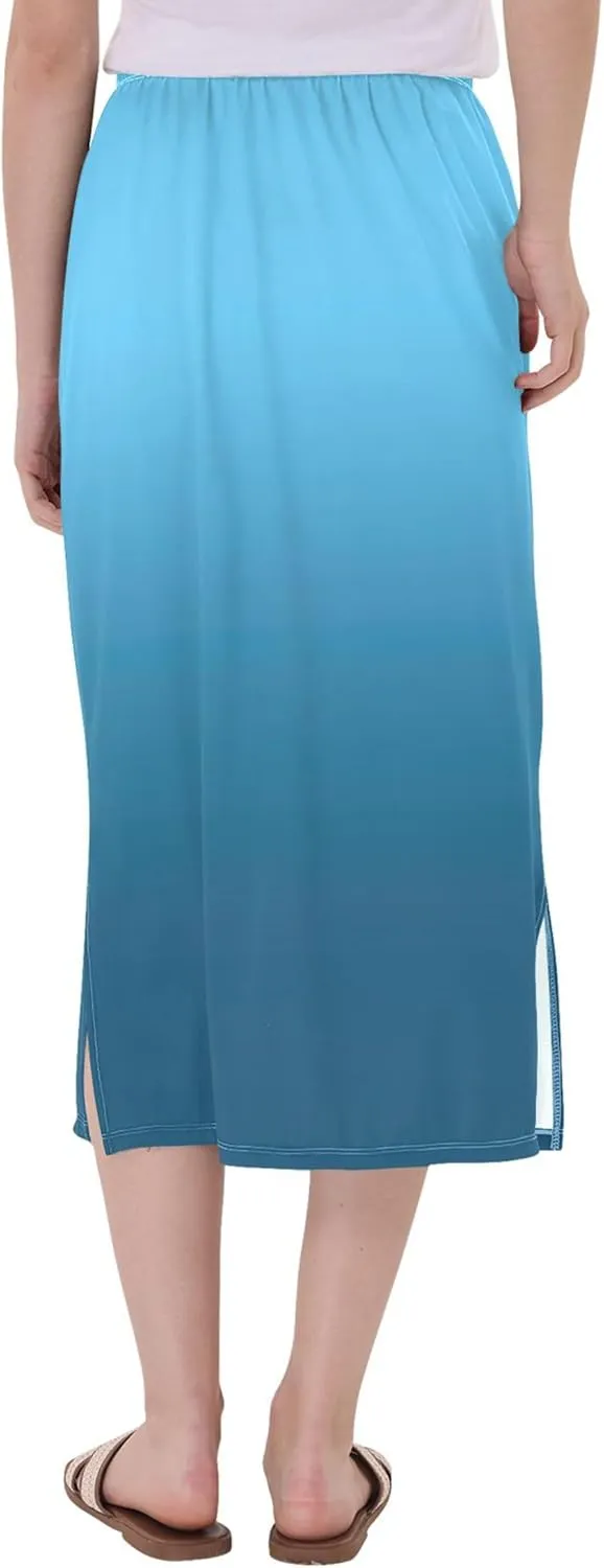 Ombre Blue Midi Skirt Slit Womens Floral Mid Calf Skirt High Waist Stretch Summer Skirt S