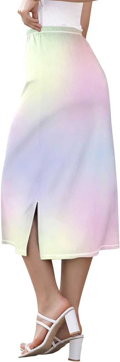Ombre Blue Midi Skirt Slit Womens Floral Mid Calf Skirt High Waist Stretch Summer Skirt S