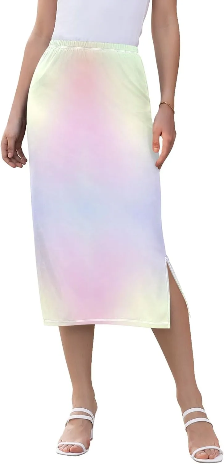 Ombre Blue Midi Skirt Slit Womens Floral Mid Calf Skirt High Waist Stretch Summer Skirt S