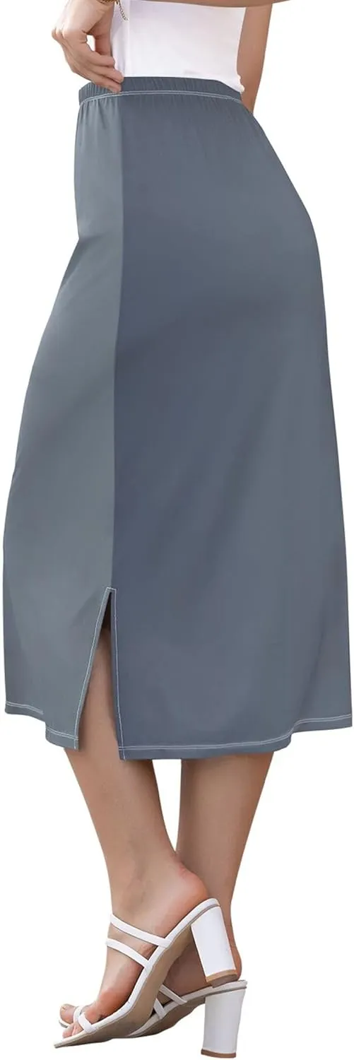 Orange Polka Dots Midi Skirt Slit Womens Cute Pencil Skirt High Waist Stretch A Line Skirt S