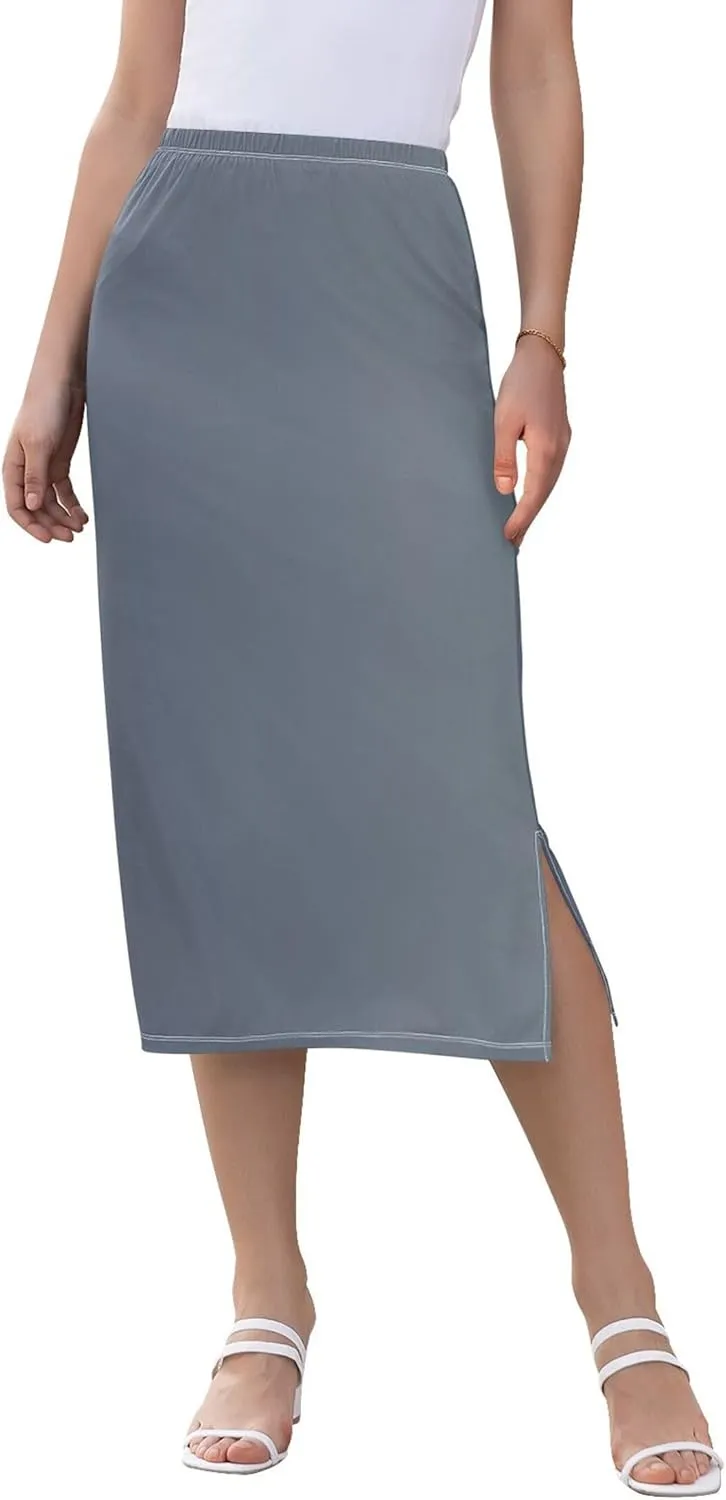 Orange Polka Dots Midi Skirt Slit Womens Cute Pencil Skirt High Waist Stretch A Line Skirt S
