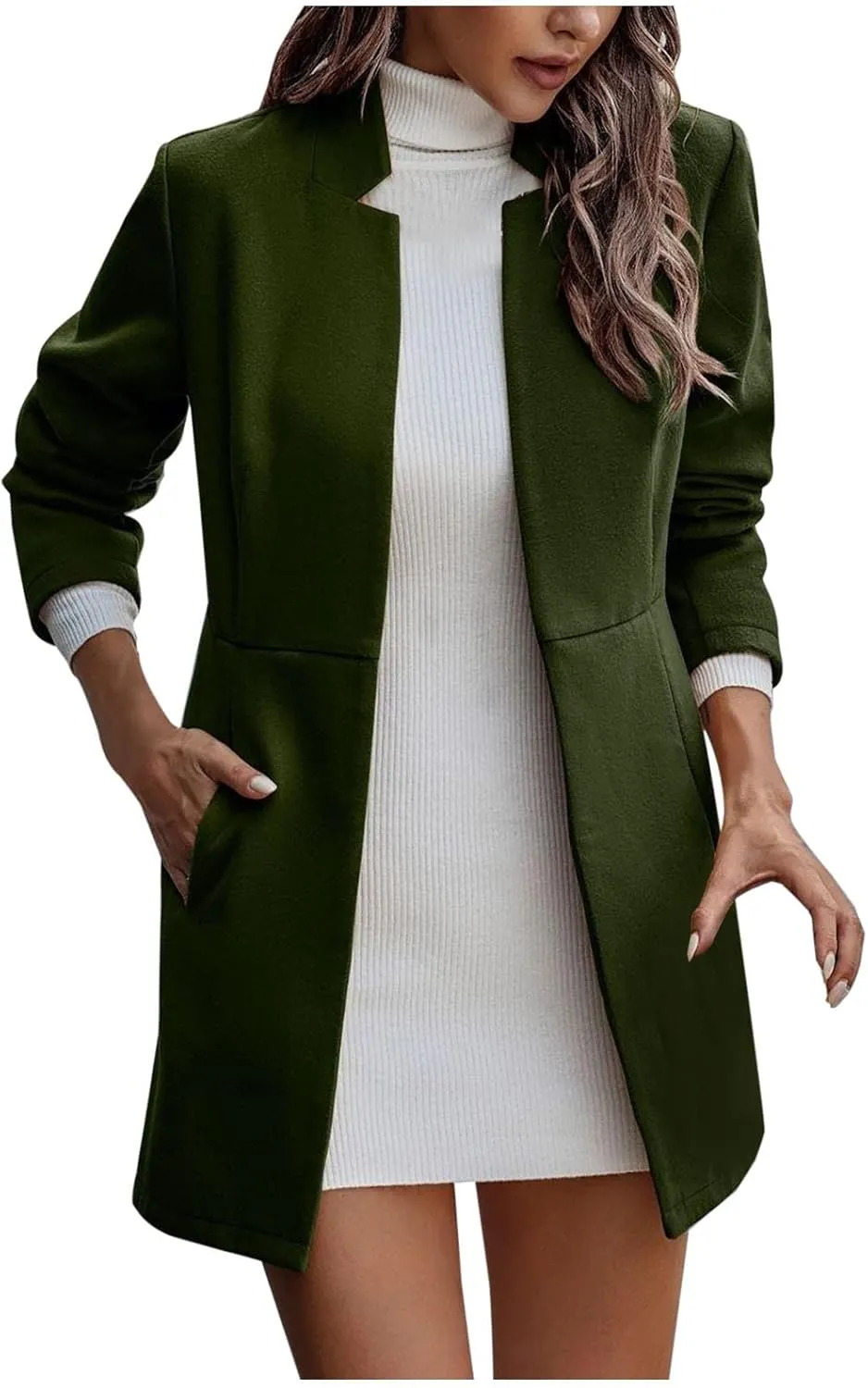 Pea Coats for Women Stand Collar Open Front Trench Coat Casual Winter Warm Mid Long Cardigan Overcoat