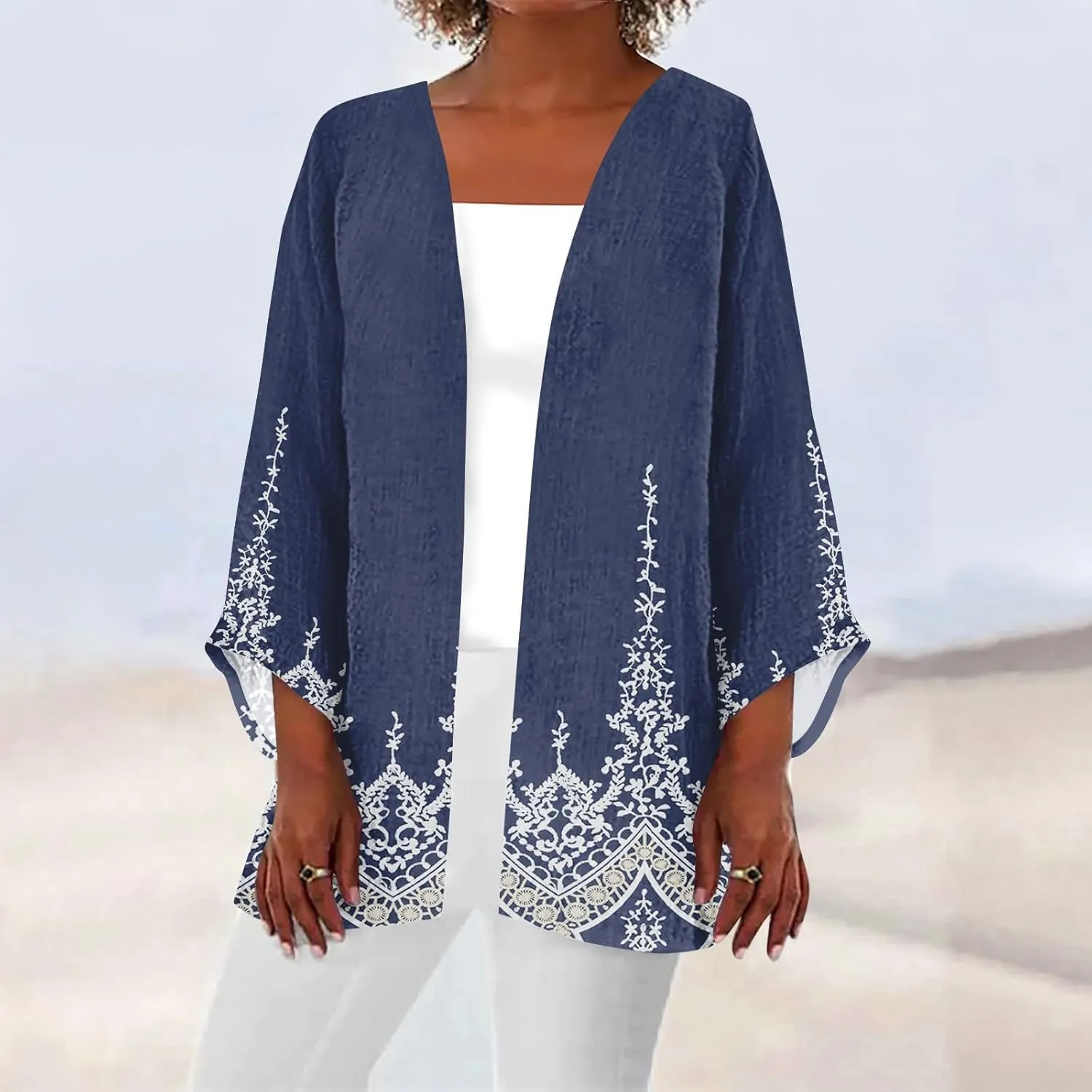 Plus Size Open Cardigan Women Linen Top Half Sleeve Quarter Length Sleeves Shirts Women Light Jackets for Women S-5XL