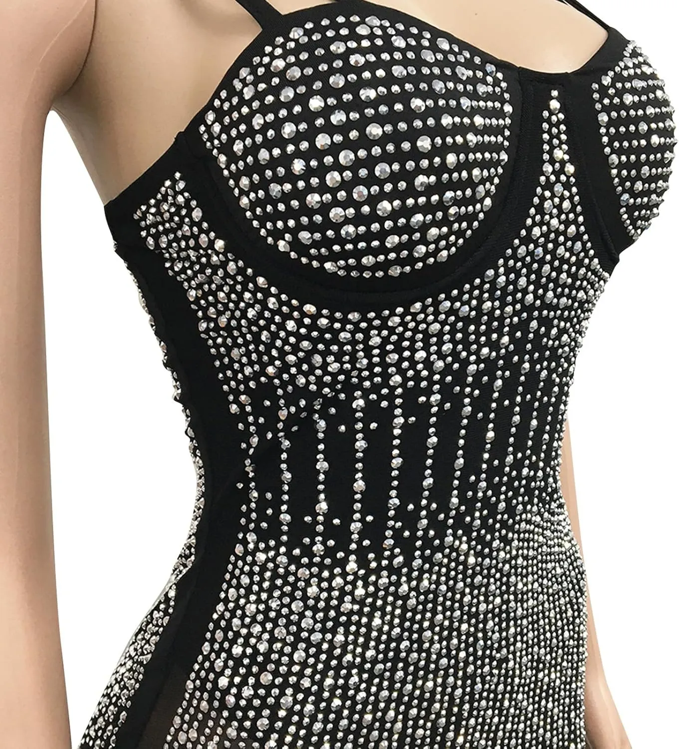 PURFUN Women Sexy See-Through Bodycon Dress with Rhinestones, Chic Spaghetti Strap Sleeveless Evening Dress Night Clubwear